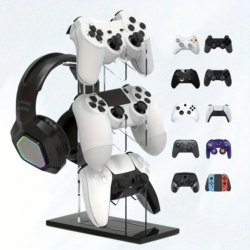 Gaming Console Organizer - ขาตั้งจอยเกม 3 ชั้น ที่แขวนหูฟัง ที่จัดเก็บแผ่นเกม ชั้นวางโชว์ขนาดกะทัดรัดสำหรับโต๊ะทำงาน