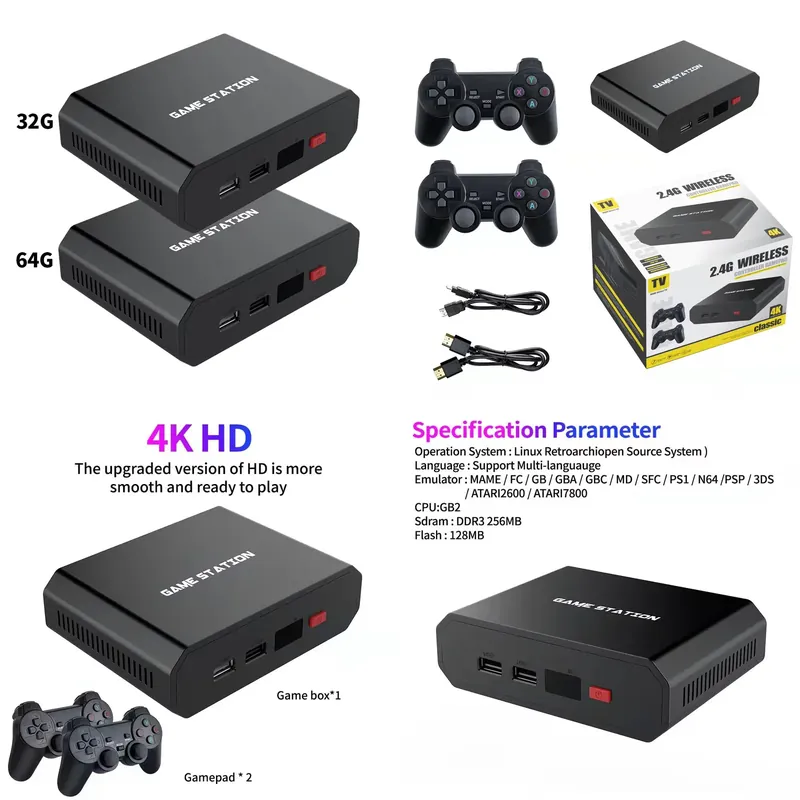 Gaming Console And - เครื่องเล่นวิดีโอเกม M8plus HD พร้อมกล่องคอนโซล คอนโทรลเลอร์ไร้สายคู่ 2.4G