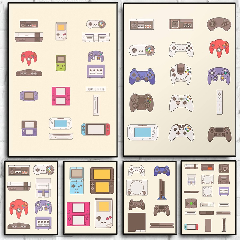 Gaming Console And - โปสเตอร์วิดีโอเกมแบบพกพาและคอนโซล ภาพพิมพ์บนผ้าใบลายเกมแพด ตกแต่งผนังห้องเล่นเกม ห้องแมนเคฟ ของตกแต่งบ้าน