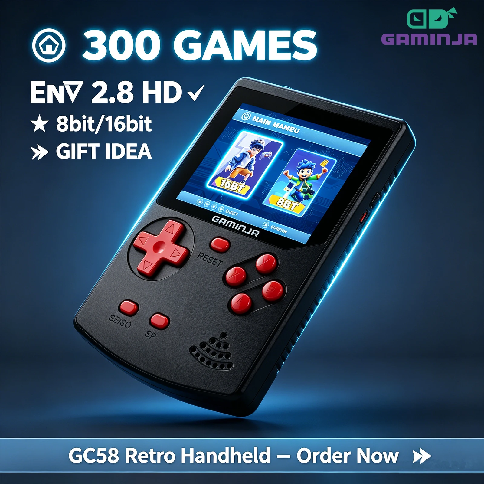 Gaming Console Youtube - GAMINJA คอนโซลเกมพกพา 300 คลาสสิก 8 บิต/16